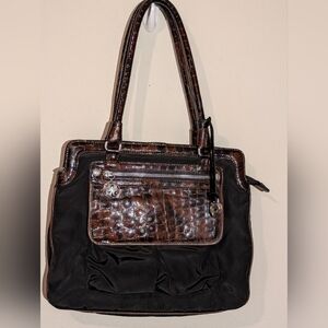 Brighton Vintage Nylon Croc Embossed Leather Trim Shoulder Bag Excellent!